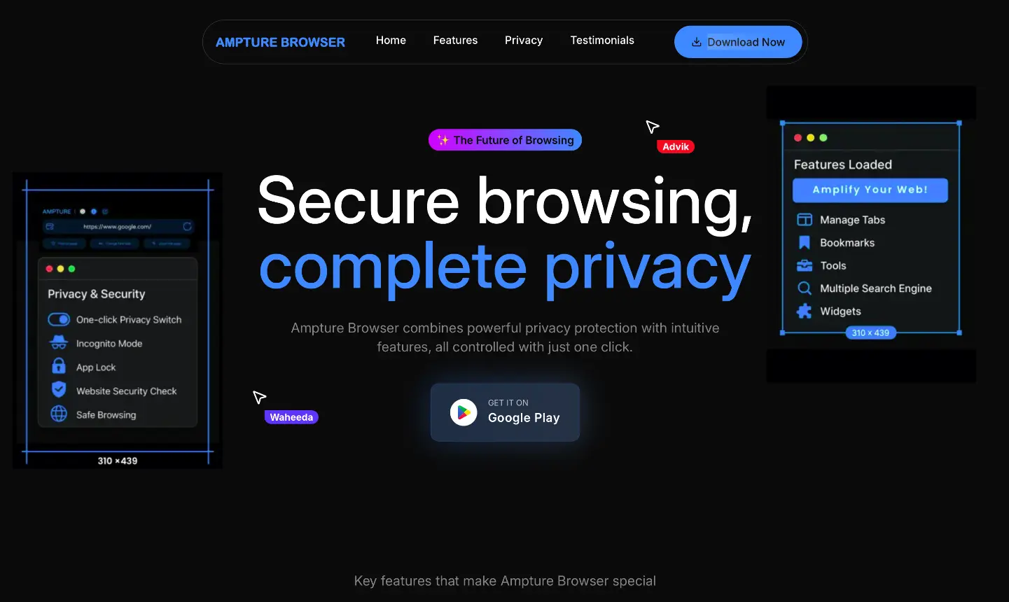 Ampture Browser website showcasing its Android browser