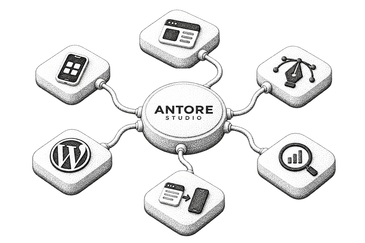 Antore Studio connected to website development, mobile apps, graphic design, WordPress, SEO analytics and website-to-app conversion.