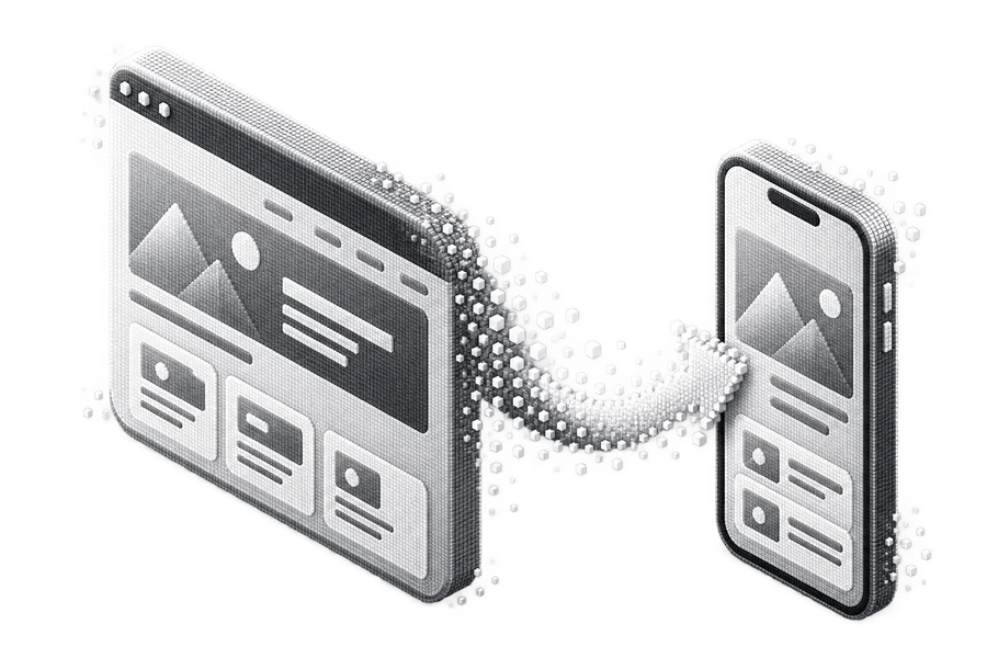 Dither illustration of a website becoming a mobile app