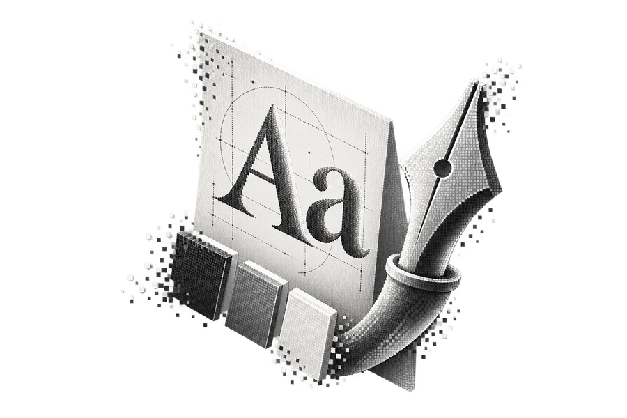 Dither illustration of typography, a poster, and a pen nib