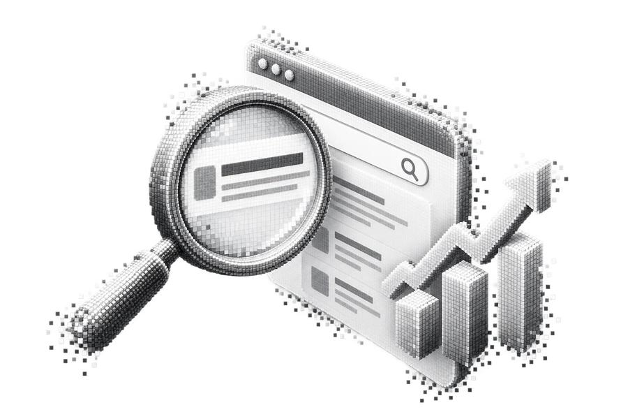 Dither illustration of a magnifying glass and search results