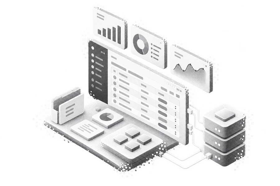 Dither illustration of a business dashboard and data modules